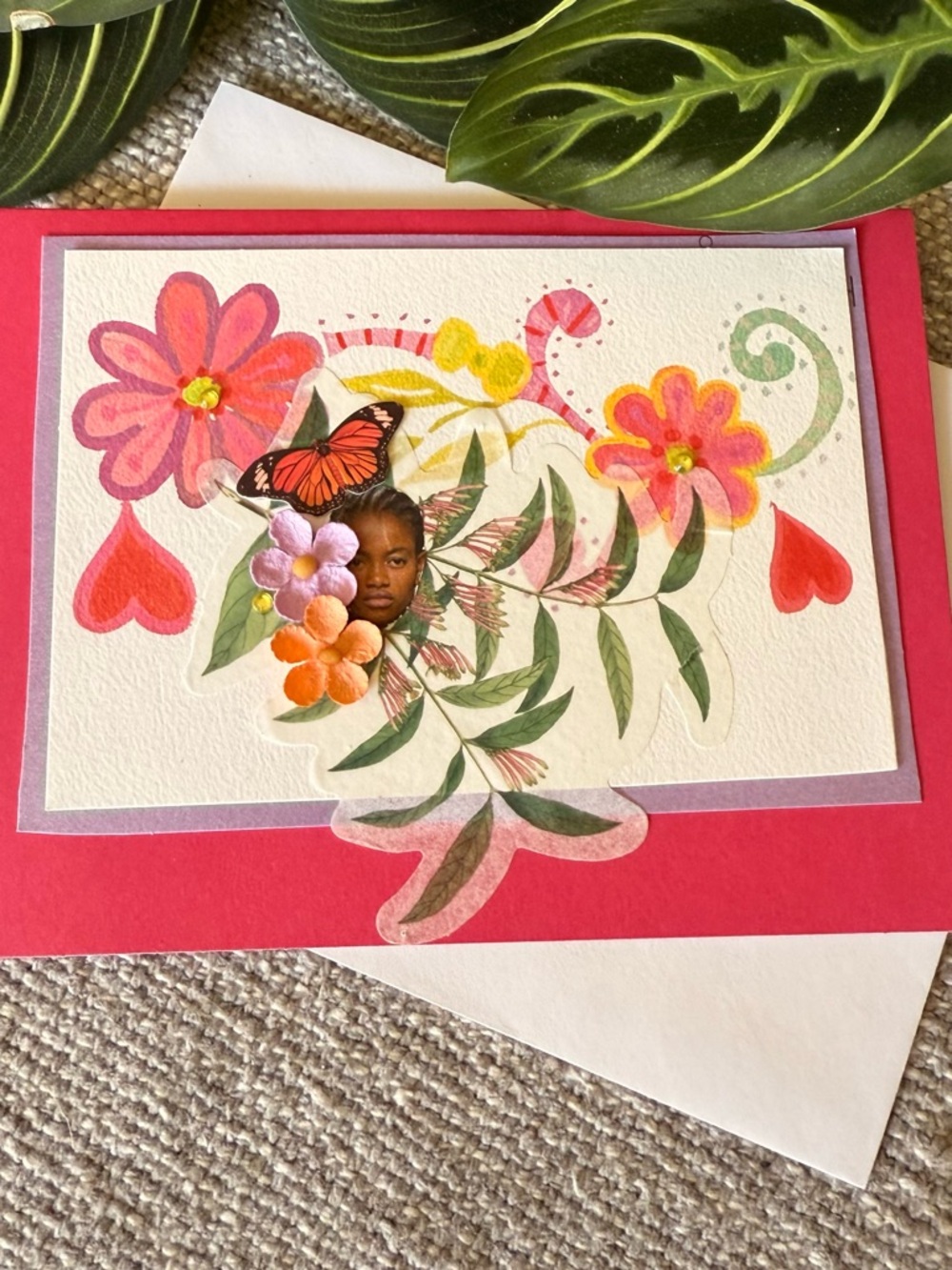 Handmade, one of a kind, -Floral Greeting Card - Pink Red Botanical Design. - Picture 4 of 6